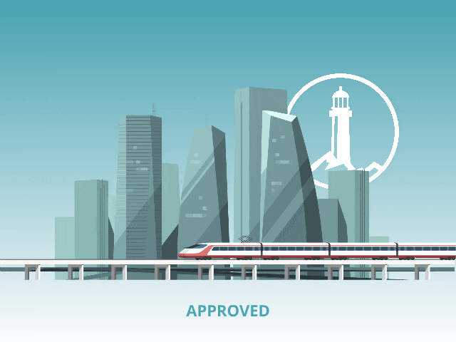 Animated train repeatedly going past buildings